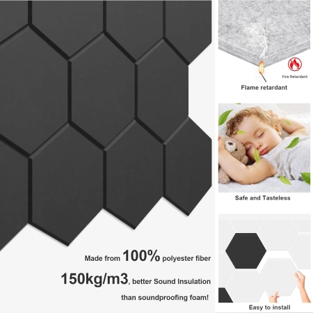Panele akustyczne JBER Sześciokątne Czarny 30x26x1cm 12-pak samoprzylepny