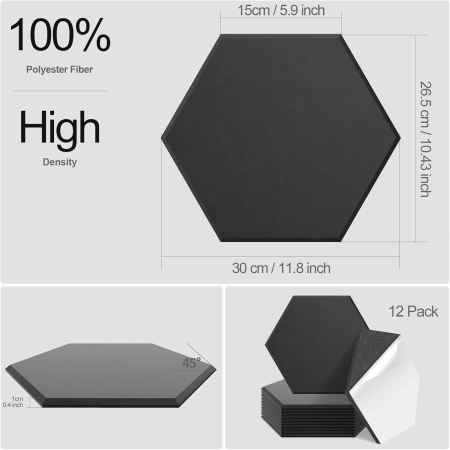 Panele akustyczne JBER Sześciokątne Czarny 30x26x1cm 12-pak samoprzylepny
