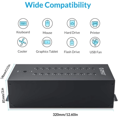ORICO Przemysłowy koncentrator USB 20-portowy USB 2.0 o mocy 150 W