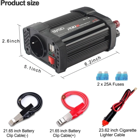 Przetwornica napięcia BYGD 200W Power Inverter 12V DC konwerter mocy