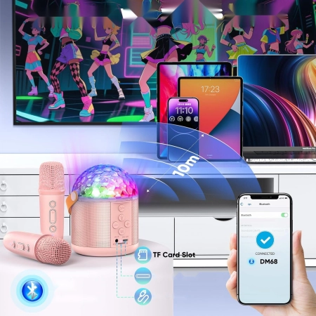Maszyna do karaoke Dislocati 2 mikrofony Bluetooth światło dyskotekowe