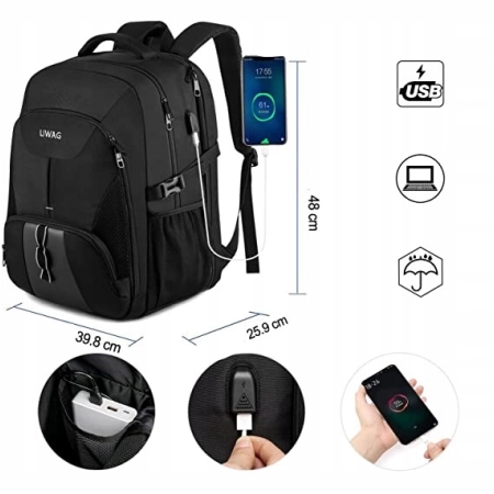 Plecak na laptop 17 cali 50 l USB wodoodporny czarny LIWAG