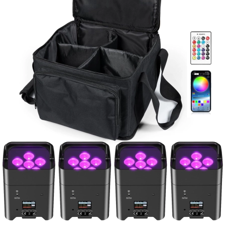 4x UKING ZQ01528 108 W LED PAR RGBWA+UV z akumulatorem i DMX