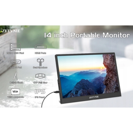 ZFTVNIE HD140 Przenośny 14-calowy monitor FHD 1080P IPS HDR do PC Xbox PS5