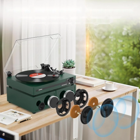 Udreamer Gramofon z 2 podwójnymi głośnikami stereo, gramofon w stylu vintag