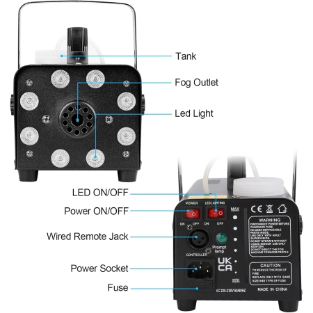 Wytwornica dymu AGPtEK 8 diod LED 13 kolorów RGB efekt 500 W