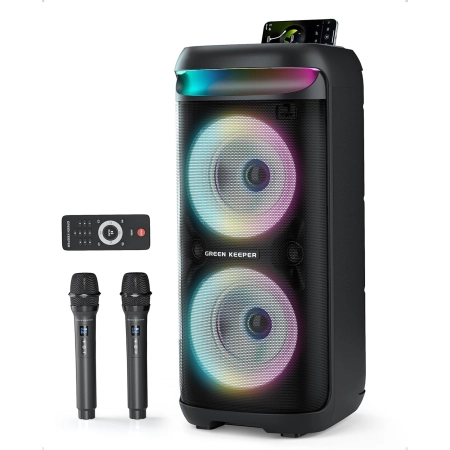Karaoke Zestaw GREEN KEEPER 400W Bluetooth LED TWS USB 2 Mikrofony