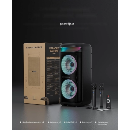 Karaoke Zestaw GREEN KEEPER 400W Bluetooth LED TWS USB 2 Mikrofony