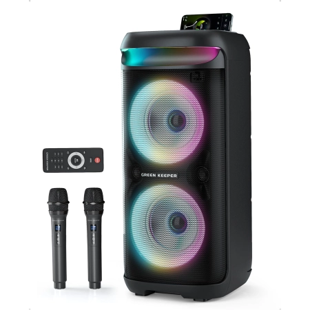 Karaoke Zestaw GREEN KEEPER 400W Bluetooth LED TWS USB 2 Mikrofony