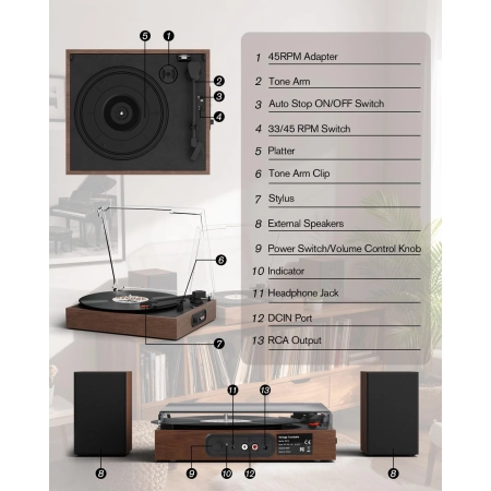 System stereo Muse MT-108BT z gramofonem i USB 33/45/78 RPM
