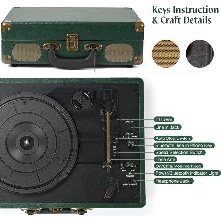 Gramofon Trynnay R610GR zielony styl retro