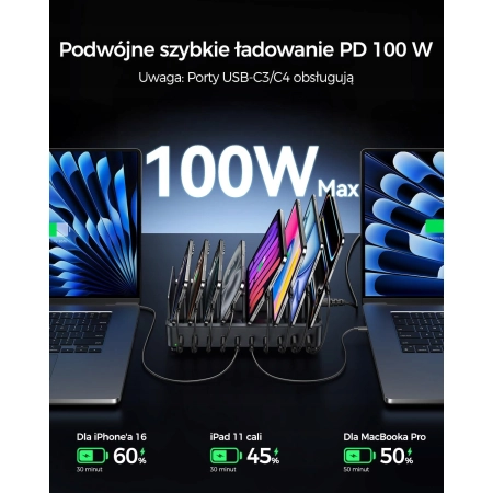 STACJA ŁADOWANIA USB-C 10 PORTÓW GaN PD 100W