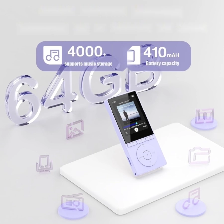 Odtwarzacz MP3 64 GB Bluetooth 5.3 HiFi Głośnik E-book Dyktafon Fioletowy