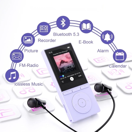 Odtwarzacz MP3 64 GB Bluetooth 5.3 HiFi Głośnik E-book Dyktafon Fioletowy