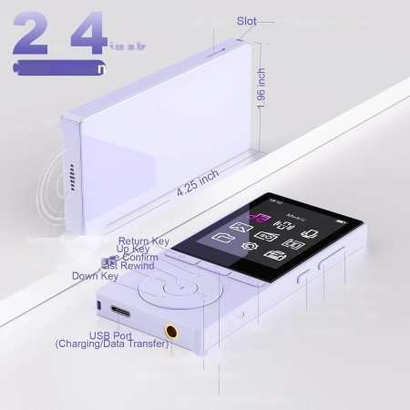 Odtwarzacz MP3 64 GB Bluetooth 5.3 HiFi Głośnik E-book Dyktafon Fioletowy