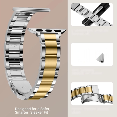 Pasek Apple Watch stal nierdzewna Srebrny+złoty wąski 49mm-38mm