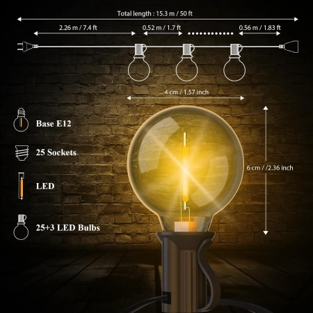 Girlandy Światła BESCOST G40-15M Wodoodporne 15m 25+2 LED Żarówki IP44