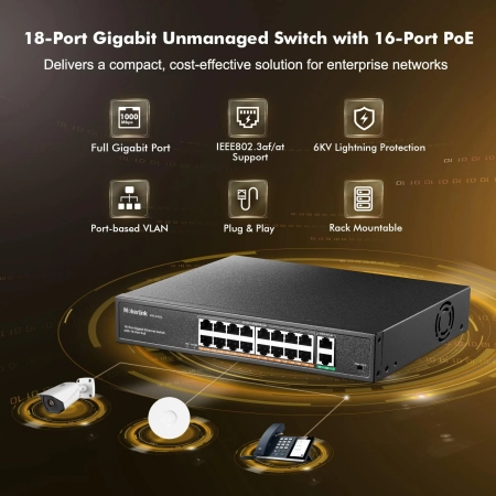 Przełącznik MokerLink POE-G162G 16-portowy Gigabit PoE 250W 2 uplink