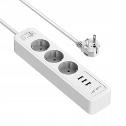 JSVER PS-3038 Listwa zasilająca 3x230V + 3xUSB 2m 3680W z ochroną – Biała