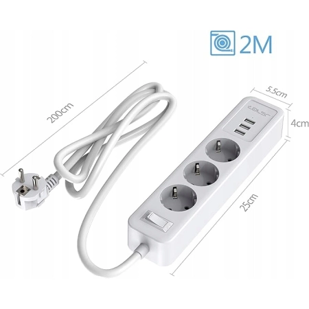 JSVER PS-3038 Listwa zasilająca 3x230V + 3xUSB 2m 3680W z ochroną – Biała