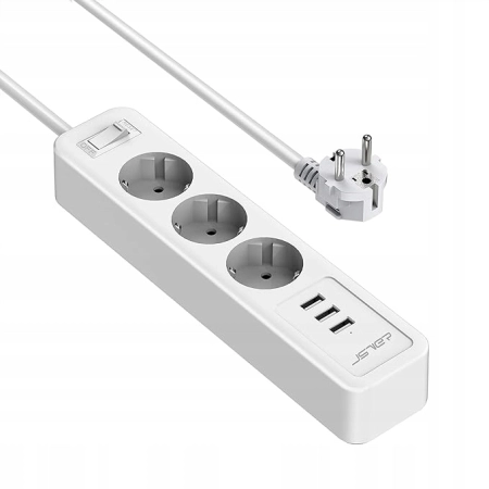 JSVER PS-3038 Listwa zasilająca 3x230V + 3xUSB 2m 3680W z ochroną – Biała