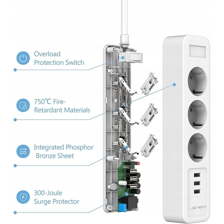 JSVER PS-3038 Listwa zasilająca 3x230V + 3xUSB 2m 3680W z ochroną – Biała