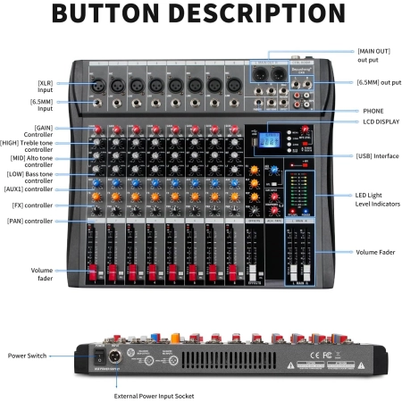 Mikser audio Depusheng DX8 8 kanałów USB Bluetooth 48V Phantom