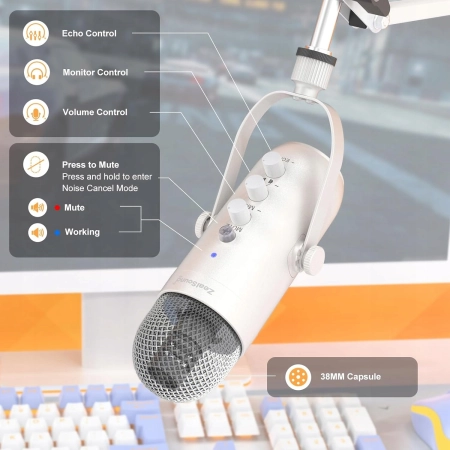 Mikrofon ZealSound k66s Pearly White białe ramię redukcja szumów