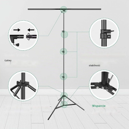 STATYW ZESTAW DO ZAWIESZANIA TŁA TEŁ BELKA LITERA T + TŁO CZARNE 150x200CM
