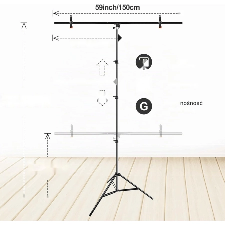 STATYW ZESTAW DO ZAWIESZANIA TŁA TEŁ BELKA LITERA T + TŁO CZARNE 150x200CM