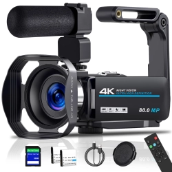 PITIKI Kamera wideo 4K 80 MP, noktowizor IR, zoom cyfrowy 18x