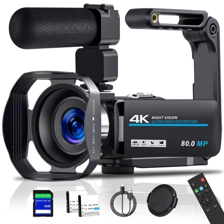 PITIKI Kamera wideo 4K 80 MP, noktowizor IR, zoom cyfrowy 18x