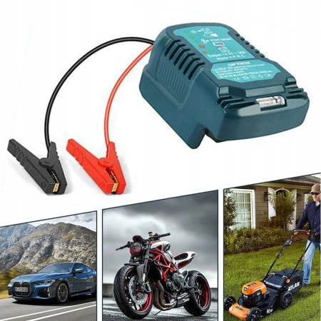 ROZRUSZNIK SAMOCHODOWY ADAPTER DO AKUMULATORÓW 18V NA KEMPING NIEBIESKI