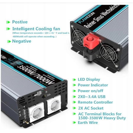Flamezum falownik sinusoidalny 3500 W, 12 V na 230 V, przetwornica napięcia