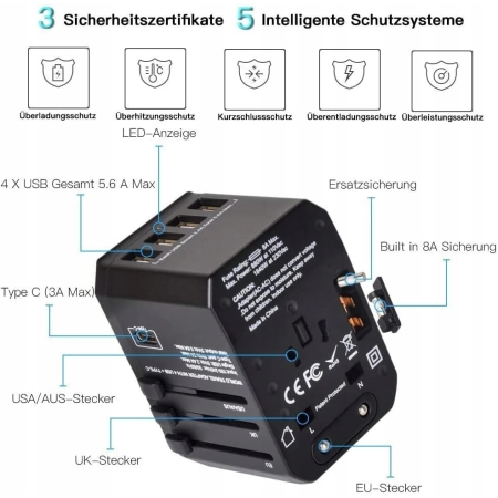 GSM Uniwersalny adapter podróżny 224+ Kraje 4x USB Wtyczka UK / EU / USA