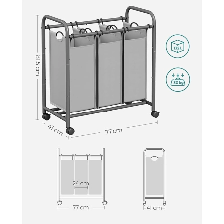 SONGMICS LSF003GS Kosz na pranie z kółkami 3 wyjmowane przegródki 132l