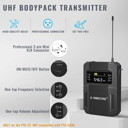 Bezprzewodowy system mikrofonowy Phenyx Pro PTU-52B 2 x 30 UHF zasięg 60 m
