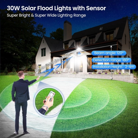 CLV Lampy Solarne Zewnętrzne Z Czujnikiem Ruchu 30W 2600LM Pilot 6 Trybów