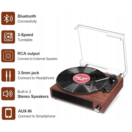 Gramofon Fydee A6 odtwarzacz płyt z Bluetooth i głośnikiem, vintage