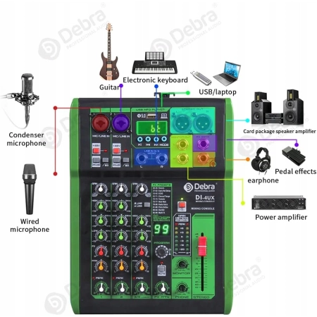 DEBRA DI-4UX 4 kanałowy mikser audio, 99 efektów DSP, wejście USB/MP3, 48 V