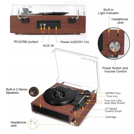 Gramofon Fydee A6 odtwarzacz płyt z Bluetooth i głośnikiem, vintage