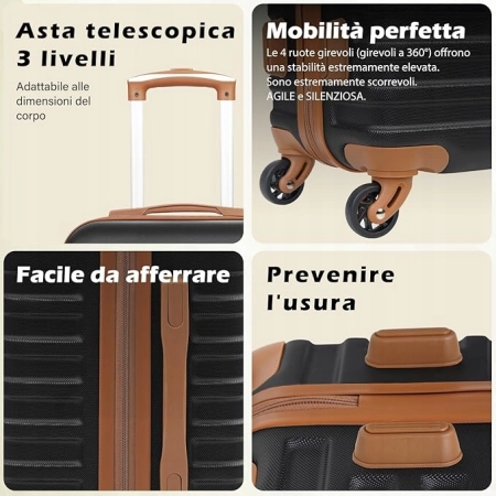 Zestaw Walizki S COOLIFE + torba podróżna + kosmetyczka czarny/brązowy