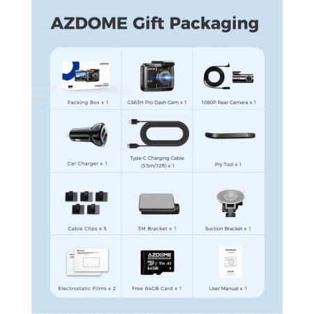 AZDOME GS63HPRO WIDEOREJESTRATOR SAMOCHODOWY 4K GPS PRZÓD TYŁ KARTA 64GB
