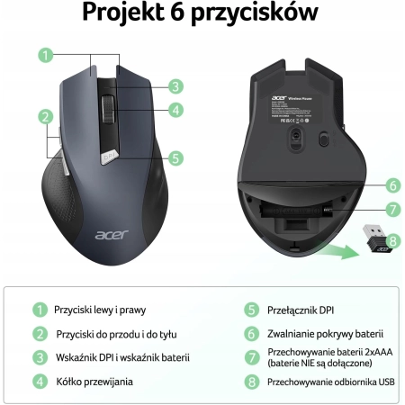 Mysz Bezprzewodowa Acer Ergonomiczna 6 Przycisków 1600 DPI Plug & Play