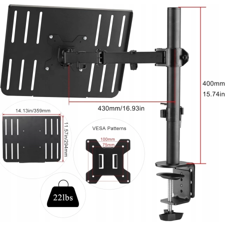 SUPTEK Regulowane Ramie Stojak Taca Na Laptop Uniwersalne 40 cm 360 stopni