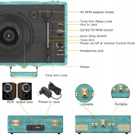 Gramofon Retrolife R610 Winylowy 3 Biegowy Elegancka Walizka Skóra