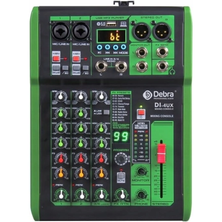 DEBRA DI-4UX 4 kanałowy mikser audio, 99 efektów DSP, wejście USB/MP3, 48 V
