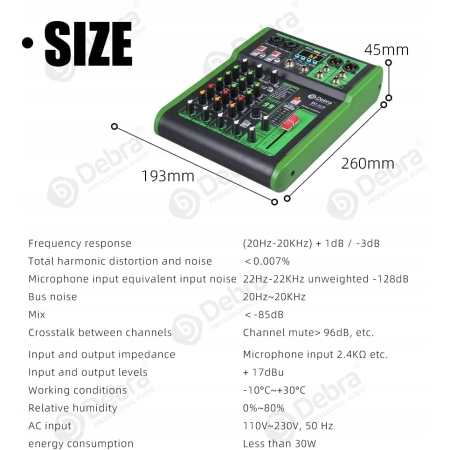 DEBRA DI-4UX 4 kanałowy mikser audio, 99 efektów DSP, wejście USB/MP3, 48 V