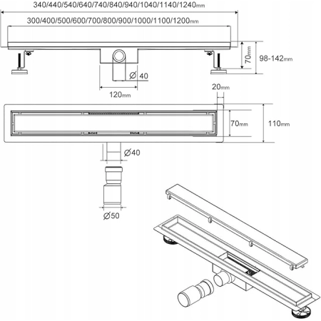 SaniteModar odpływ podłogowy ze stali nierdzewnej 94 cm, złota płytka