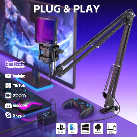 ZEALSOUND A68S Zestaw mikrofonowy USB, gamingowy RGB, statyw i wysięgnik